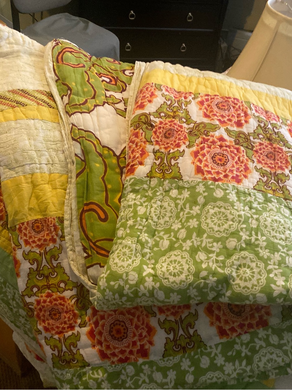 April Cornell Green, Yellow and Coral Floral Quilt so soft. Great colors